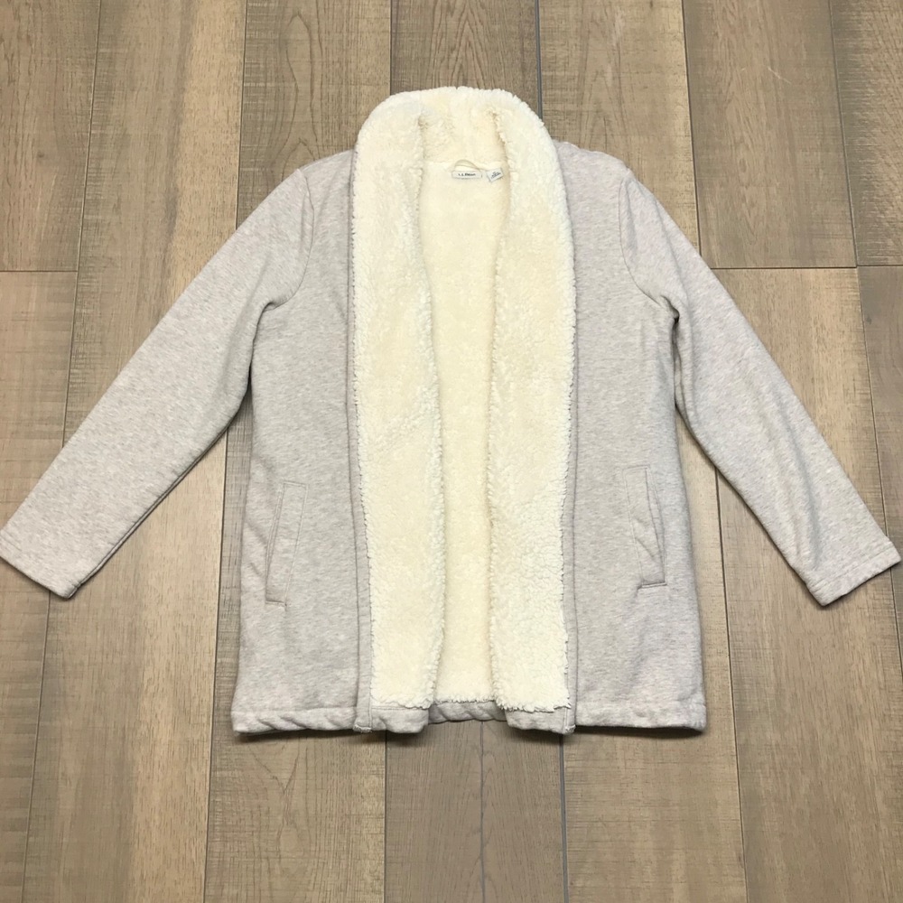 L.L. Bean Cardigan Womens Size PM Beige Plush Fleece Lined Open Front Cozy‎ Soft